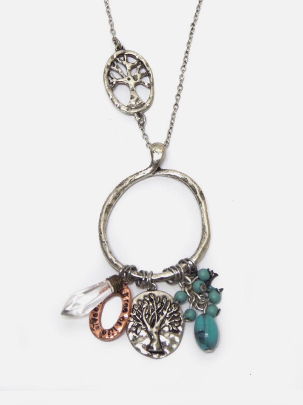 Silver-Tone Tree of Life Charm Necklace with Turquoise Accents - Unbranded